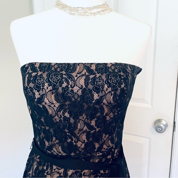LOFT Elegant Black Lace Overlay Strapless Fit and Flare Cocktail Dress - Size 2P - Picture 3 of 14